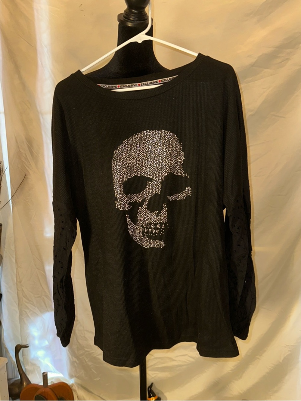 Black Long-Sleeve Tee with Rhinestone Skull